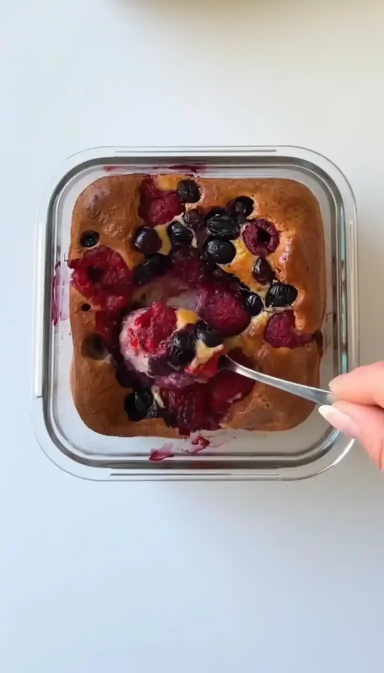 Delicious cheesecake pancake bowls topped with fruit and syrup