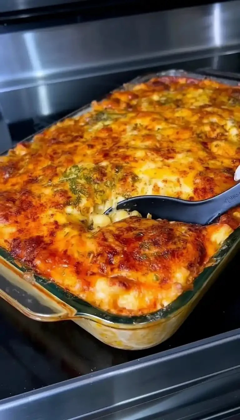 Delicious cheesy pasta bake fresh from the oven, topped with melted cheese and herbs