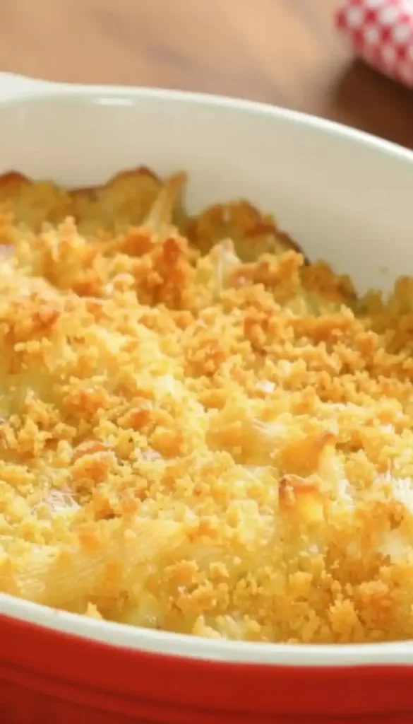 Classic tuna casserole served in a baking dish with crispy topping
