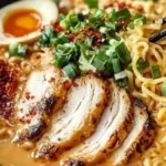 Bowl of creamy garlic chicken ramen topped with green onions and herbs.