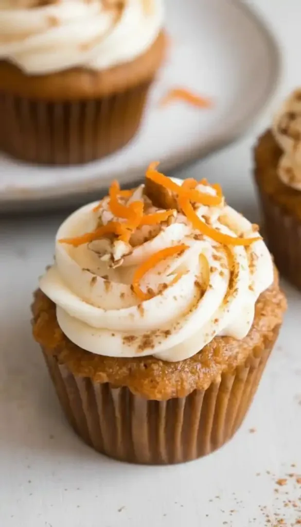 Delicious easy carrot cake cupcakes with cream cheese frosting on a white plate