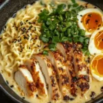 Fiery chicken ramen served with creamy garlic sauce in a bowl