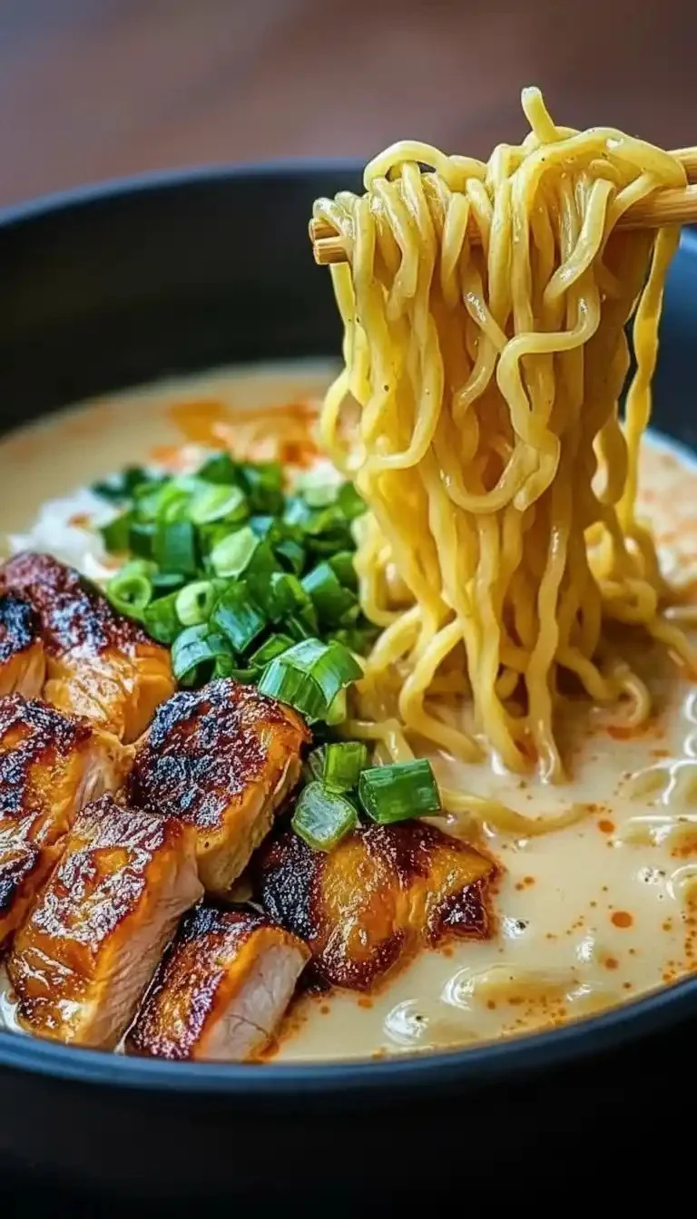 Fiery Chicken Ramen with Creamy Garlic Sauce