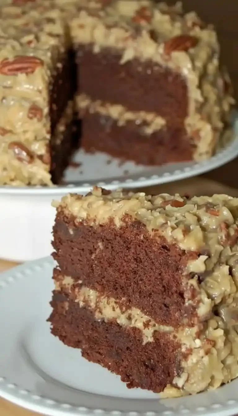 Delicious homemade German Chocolate Cake with coconut pecan frosting