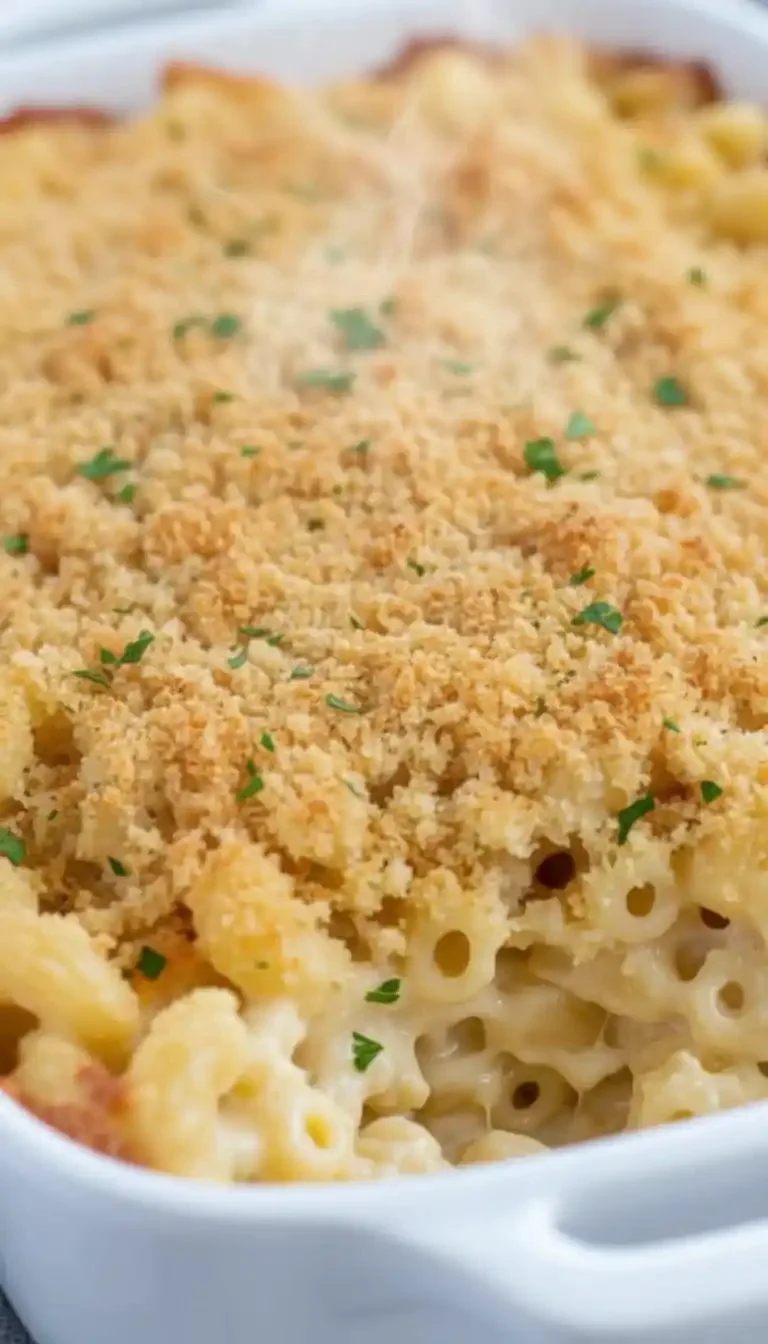 Delicious homemade baked mac and cheese topped with breadcrumbs and melted cheese