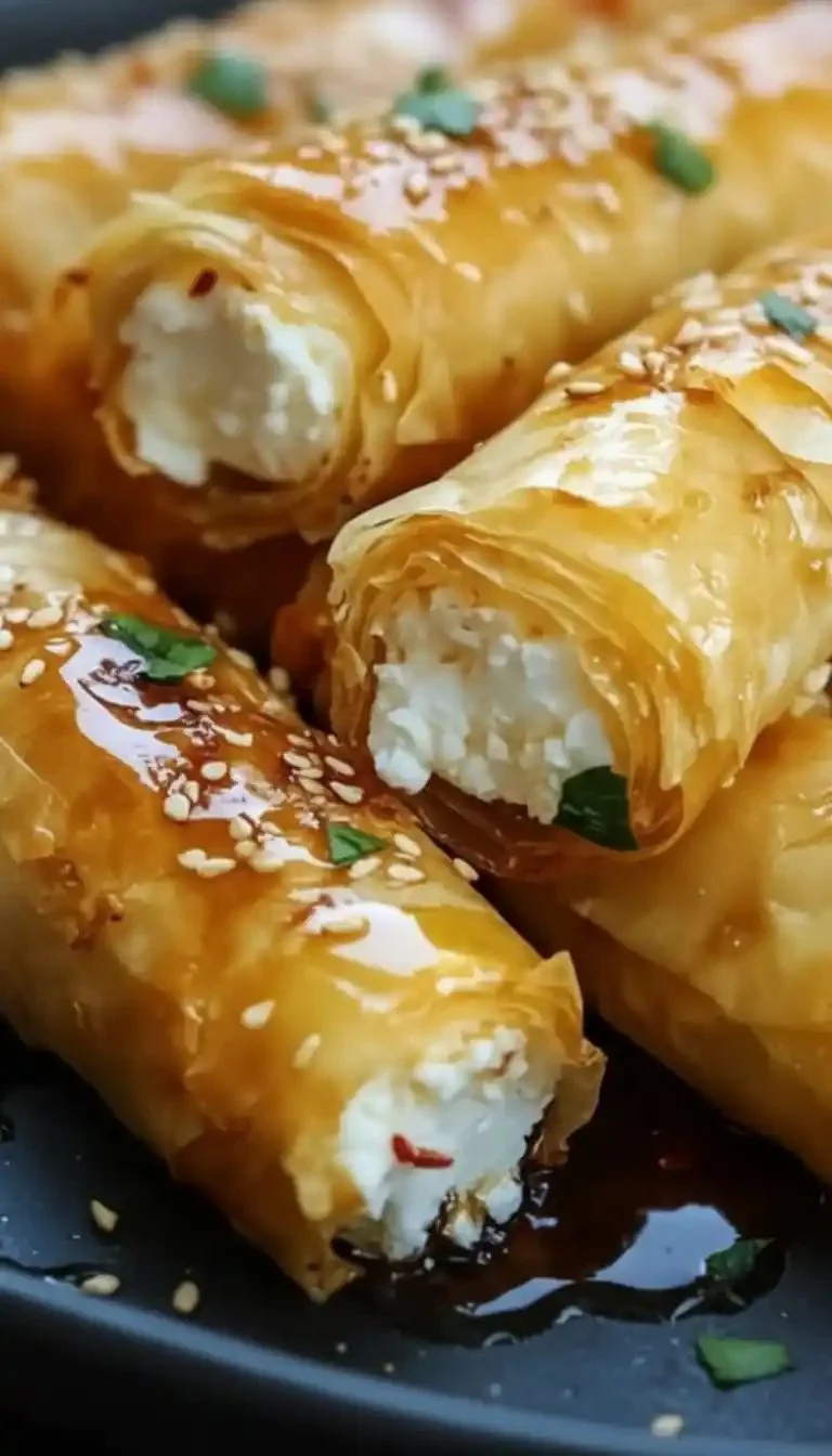 Oven-fried feta rolls drizzled with chili honey on a plate