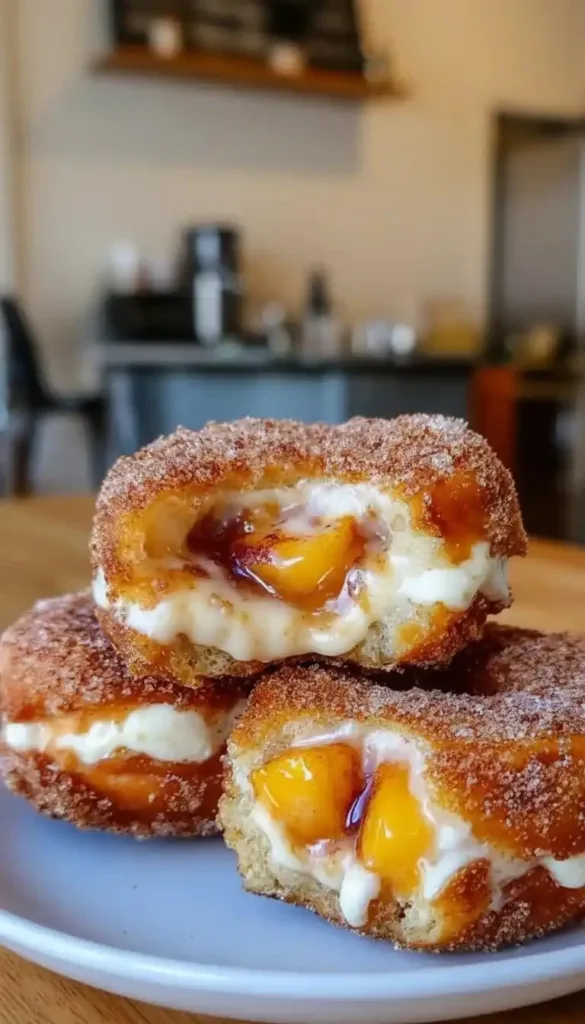 Delicious Peach Cobbler Cheesecake Donuts on a plate with fresh peach slices