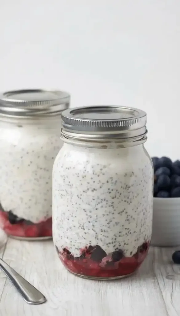 Bowl of protein overnight oats topped with fruits and nuts for a nutritious breakfast