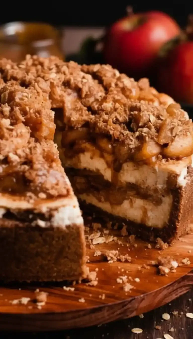 Salted Caramel Apple Pie Cheesecake topped with caramel drizzle and apple slices
