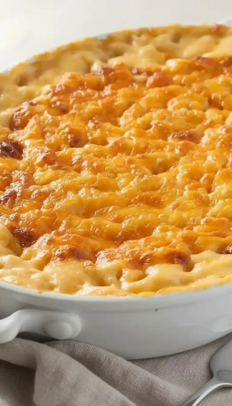 Southern style baked macaroni and cheese in a casserole dish