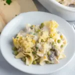 Delicious tuna noodle casserole served in a baking dish