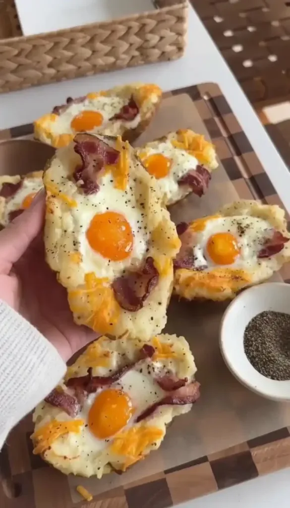 Twice baked loaded breakfast potatoes topped with cheese, bacon, and herbs